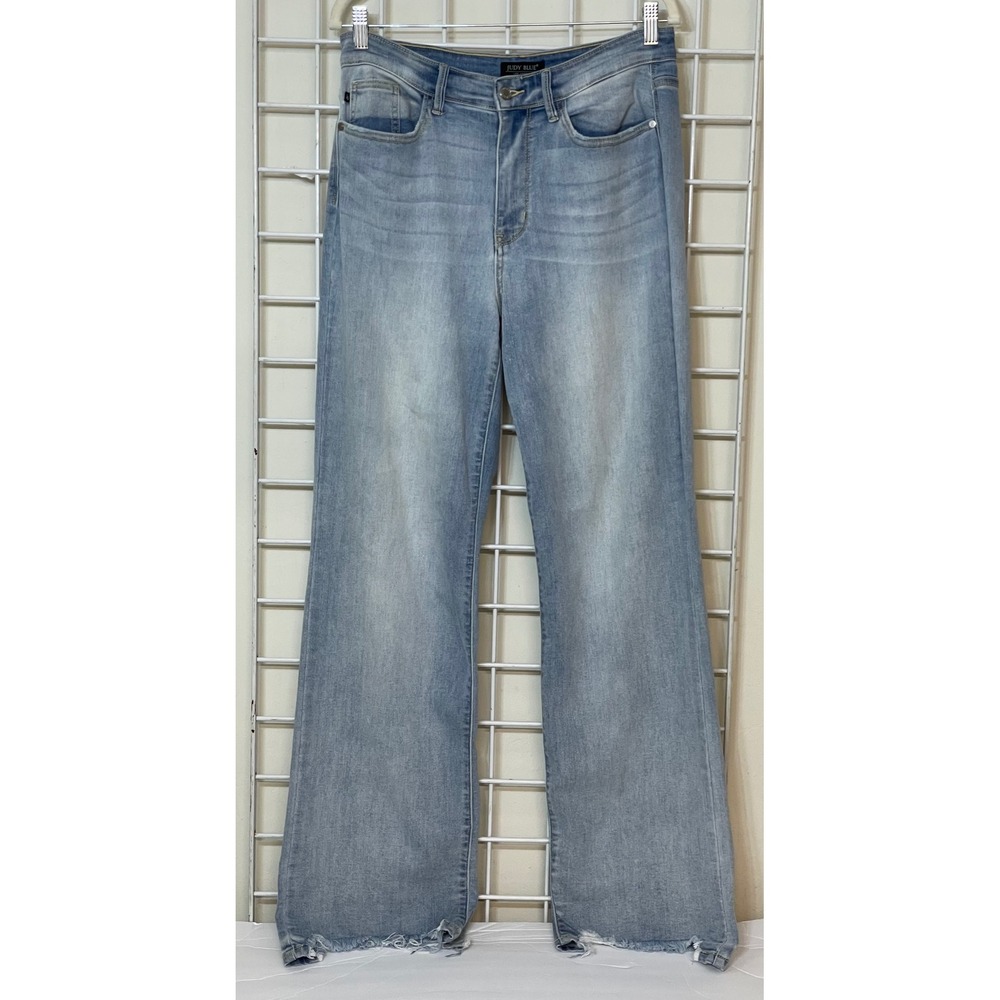 Judy Blue Jeans Size 9/29 Light Wash High Rise Raw Hem Wide Leg Straight Fit - Picture 2 of 9